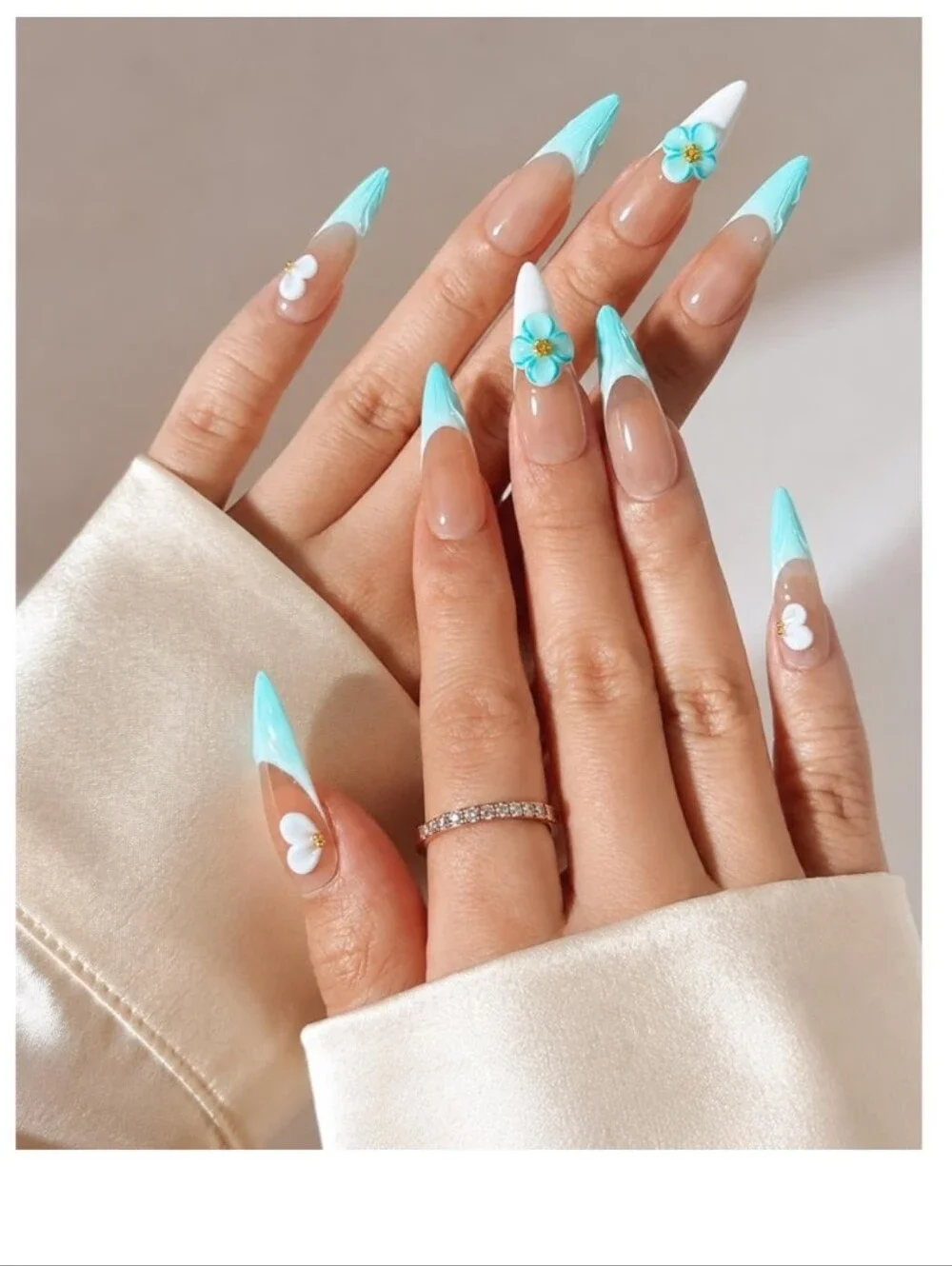 Handmade Press on Nails Acrylic - 3D Pink Blue Floral French Tip Short Almond
